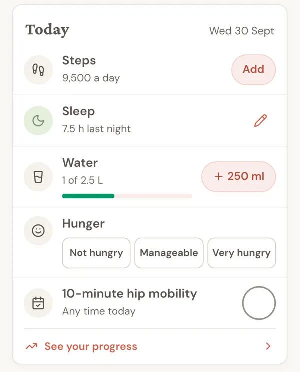 A client's Today card in the Assistant Coach app, with steps, sleep, water, hunger and a mobility routine to log
