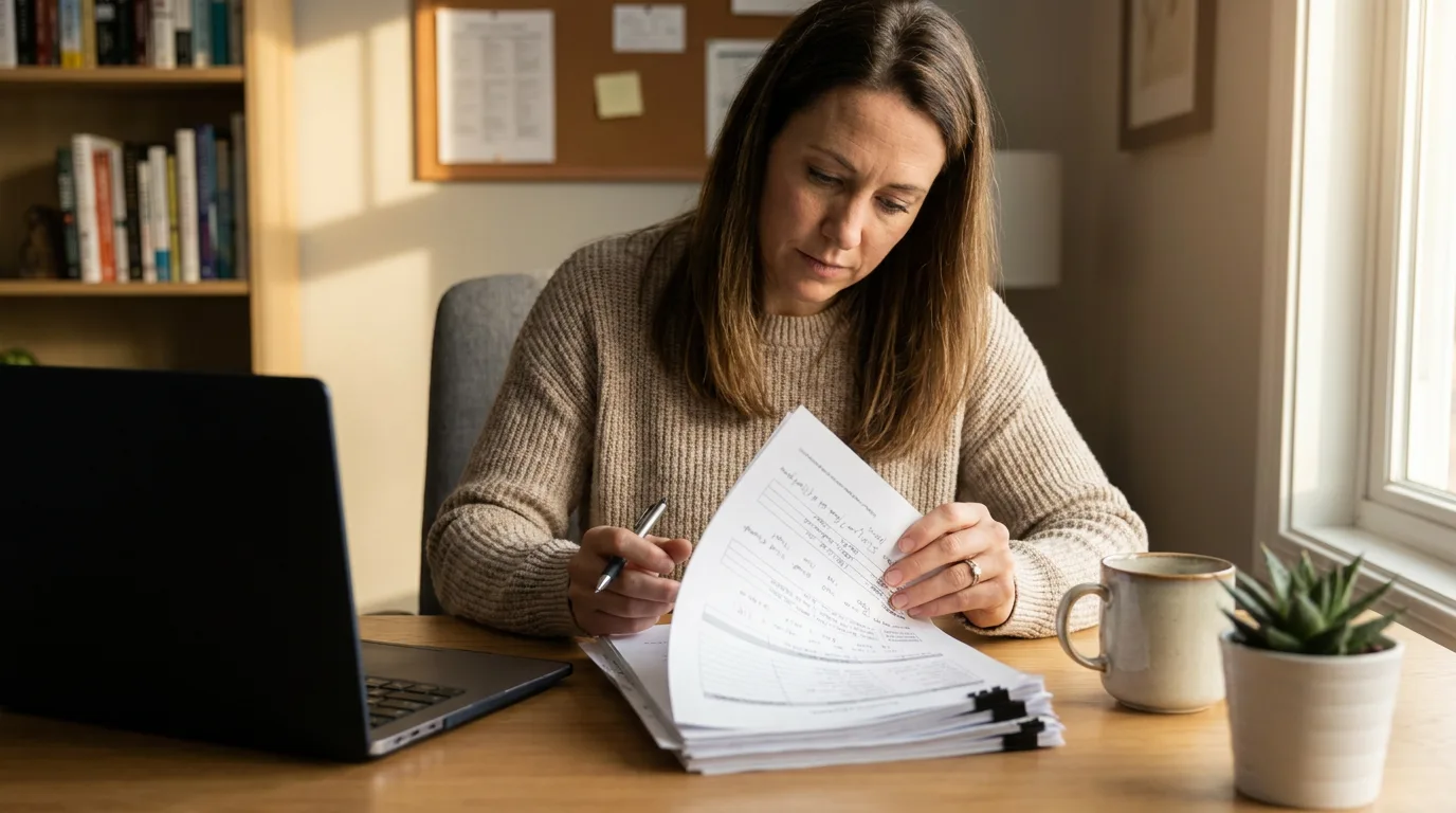 A fitness coach reading and marking up a new client's printed intake form at a desk