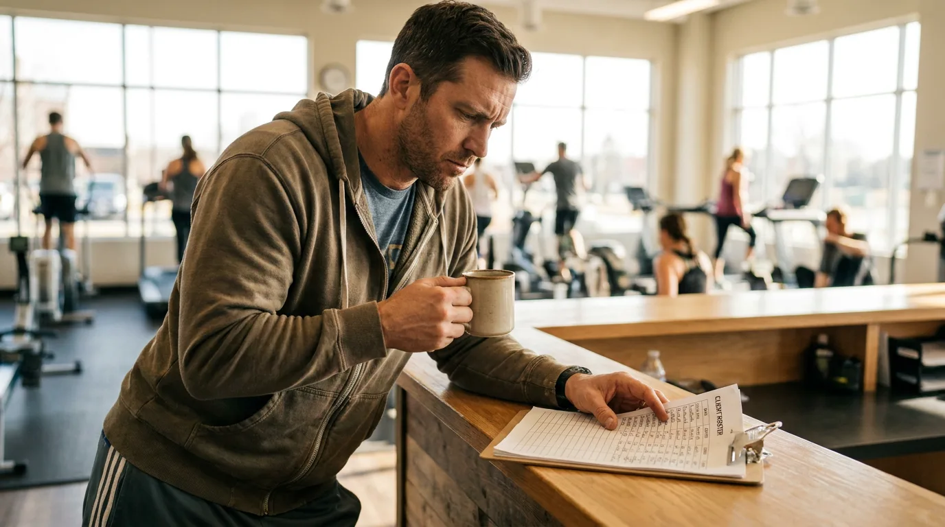 A fitness coach reviewing a printed client roster and deciding who needs attention this week