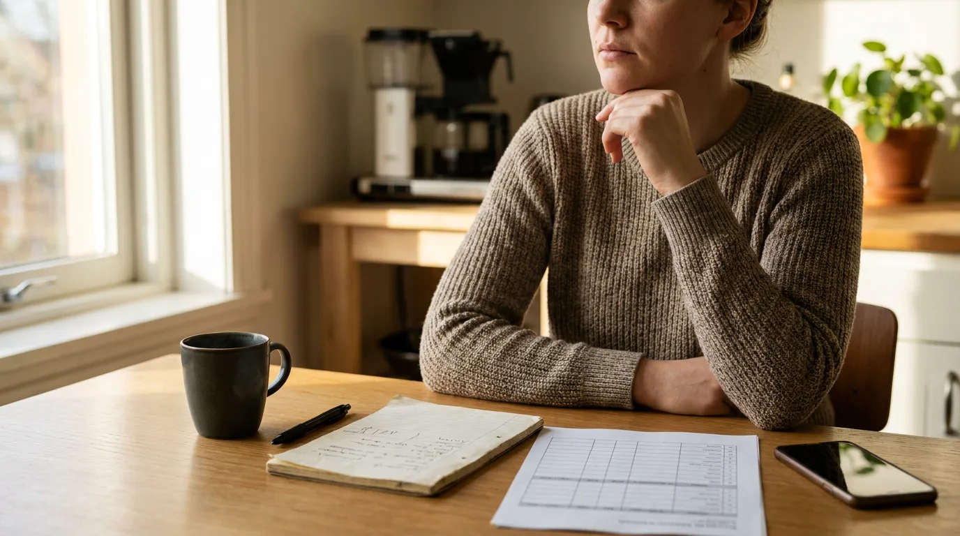 A fitness coach at a kitchen table comparing a client's food diary against a printed training log