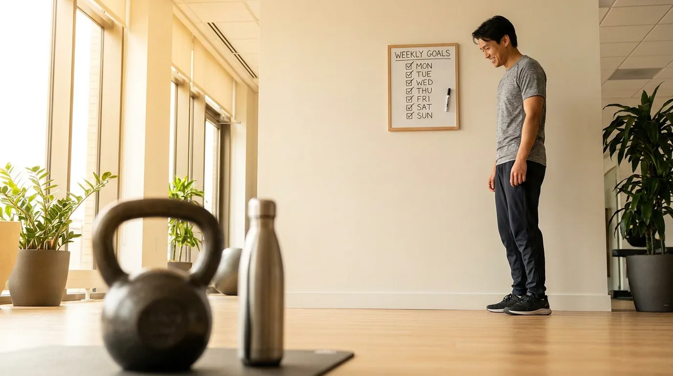 A fitness coach in a bright gym reviewing a simple weekly habit checklist with the training days ticked off