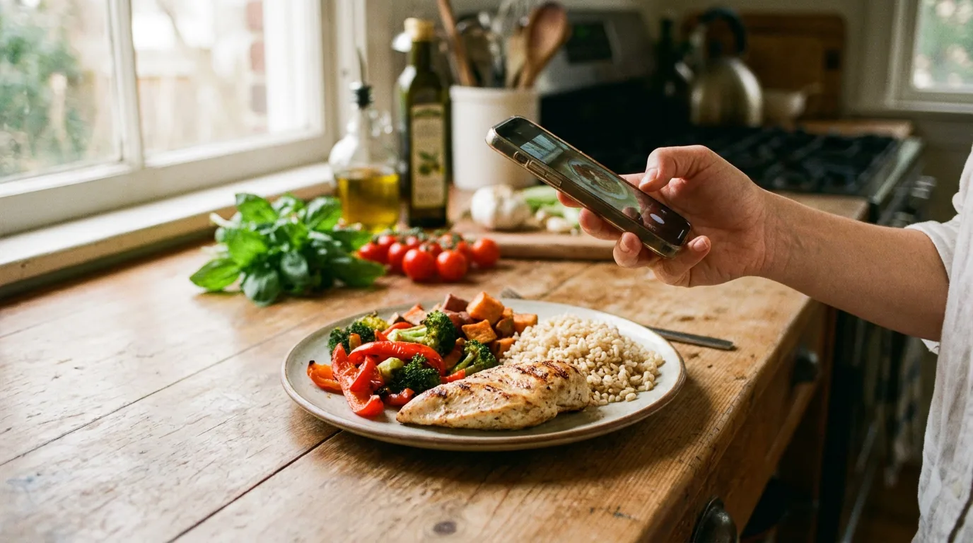 A person photographing a healthy home-cooked meal with their phone in a bright kitchen