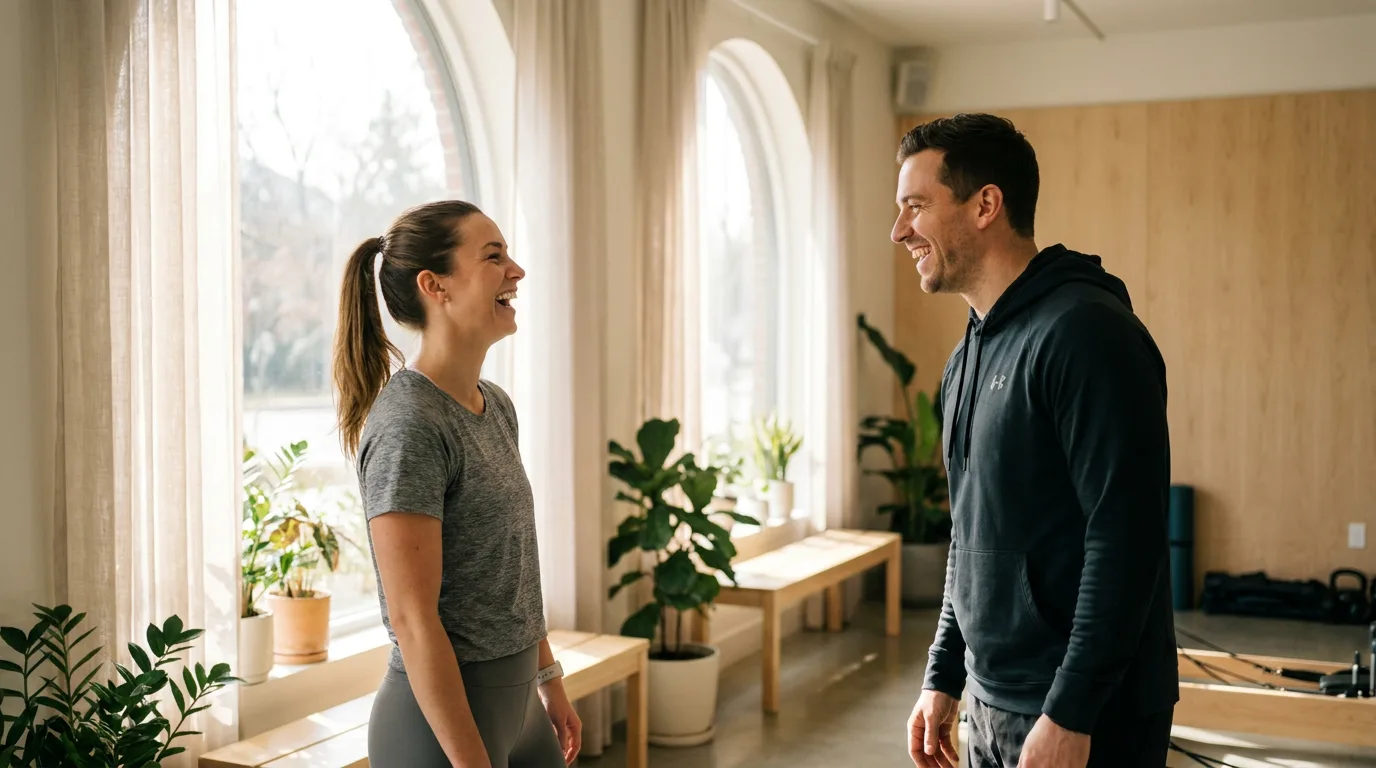 A fitness coach and their client sharing a relaxed moment together in a bright gym after a training session