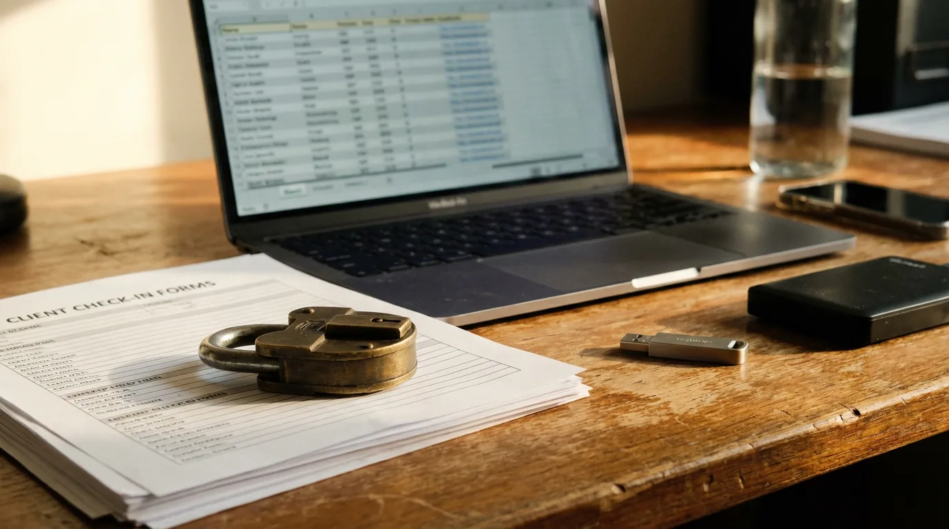 A padlock sitting on printed client check-in forms next to a laptop, representing data locked inside coaching software