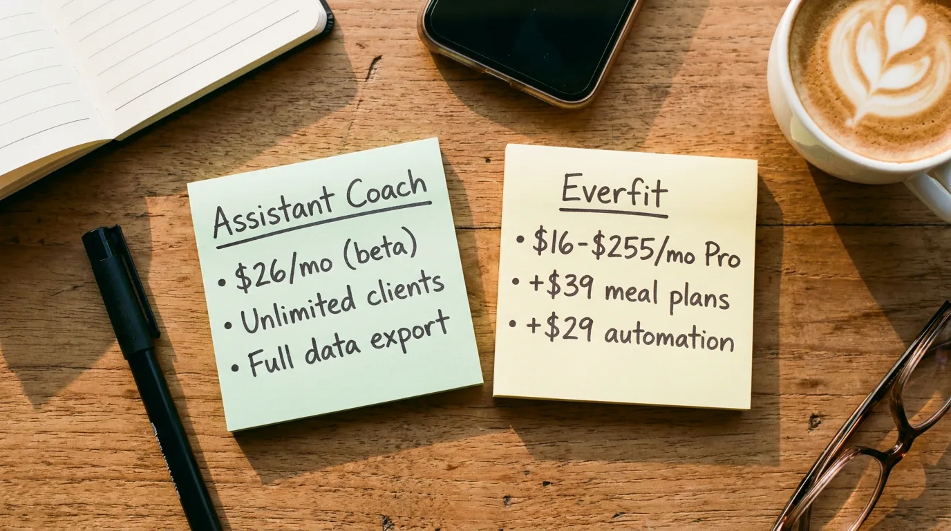 Two handwritten sticky notes labeled Assistant Coach and Everfit side by side on a coach's desk, with handwritten pricing comparisons