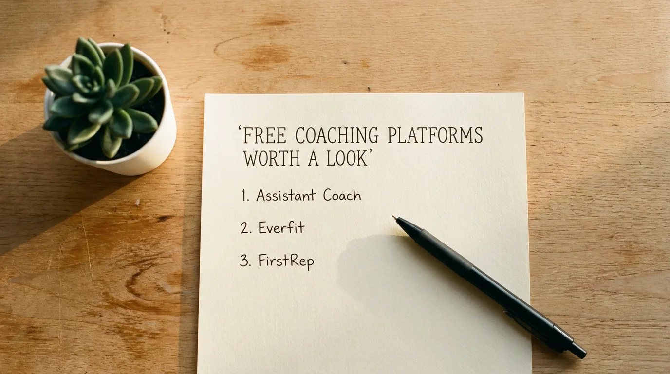A handwritten list on a sheet of paper titled 'Free coaching platforms worth a look' with three platforms listed: Assistant Coach, Everfit, FirstRep