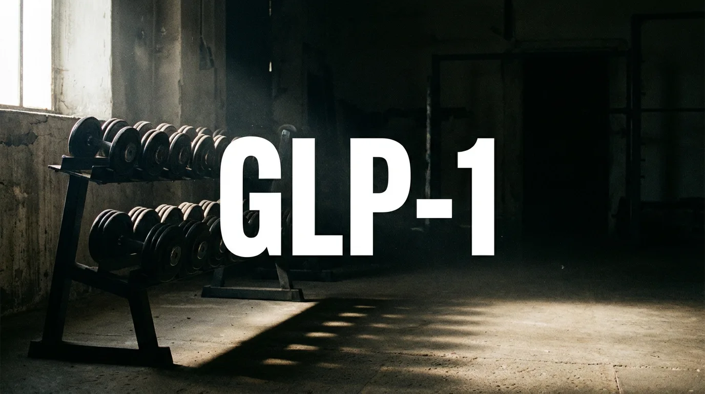 Dark moody gym interior with dramatic lighting on weight rack, GLP-1 text overlay