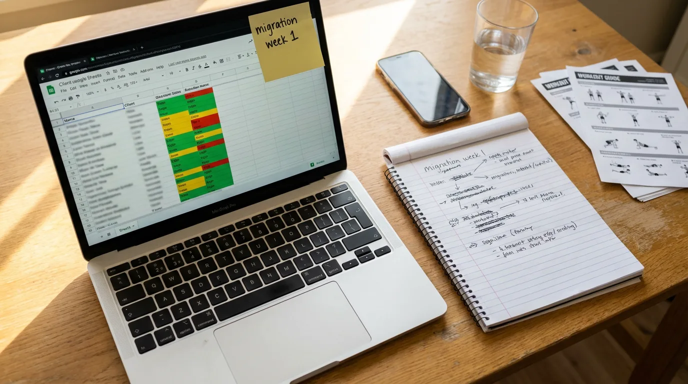 Fitness coach's laptop showing a Google Sheets client tracking spreadsheet next to a notebook with handwritten client notes