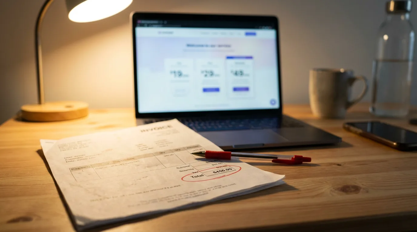 A fitness coach's desk showing a laptop pricing page next to a printed invoice with a higher total circled in red pen