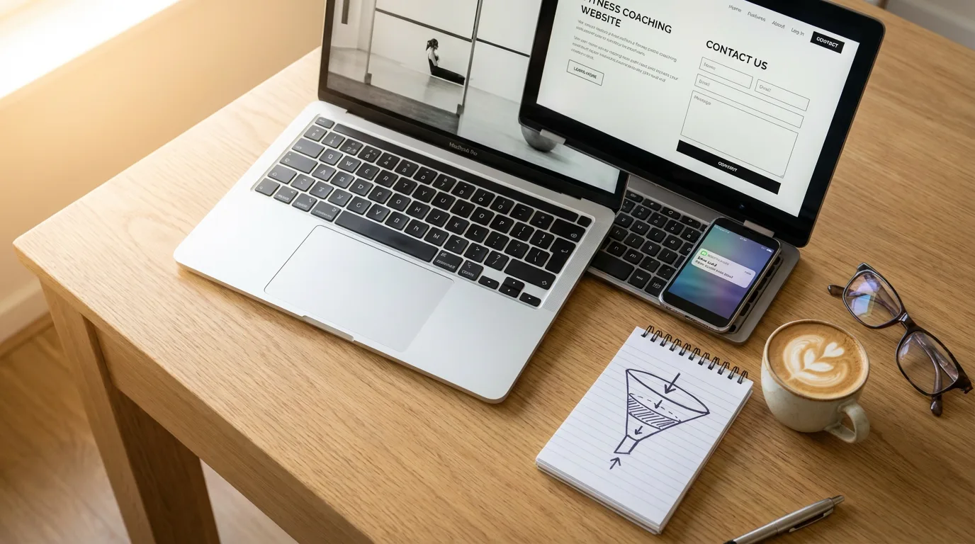 A fitness coach's desk with a coaching website on laptop and new lead notification on smartphone