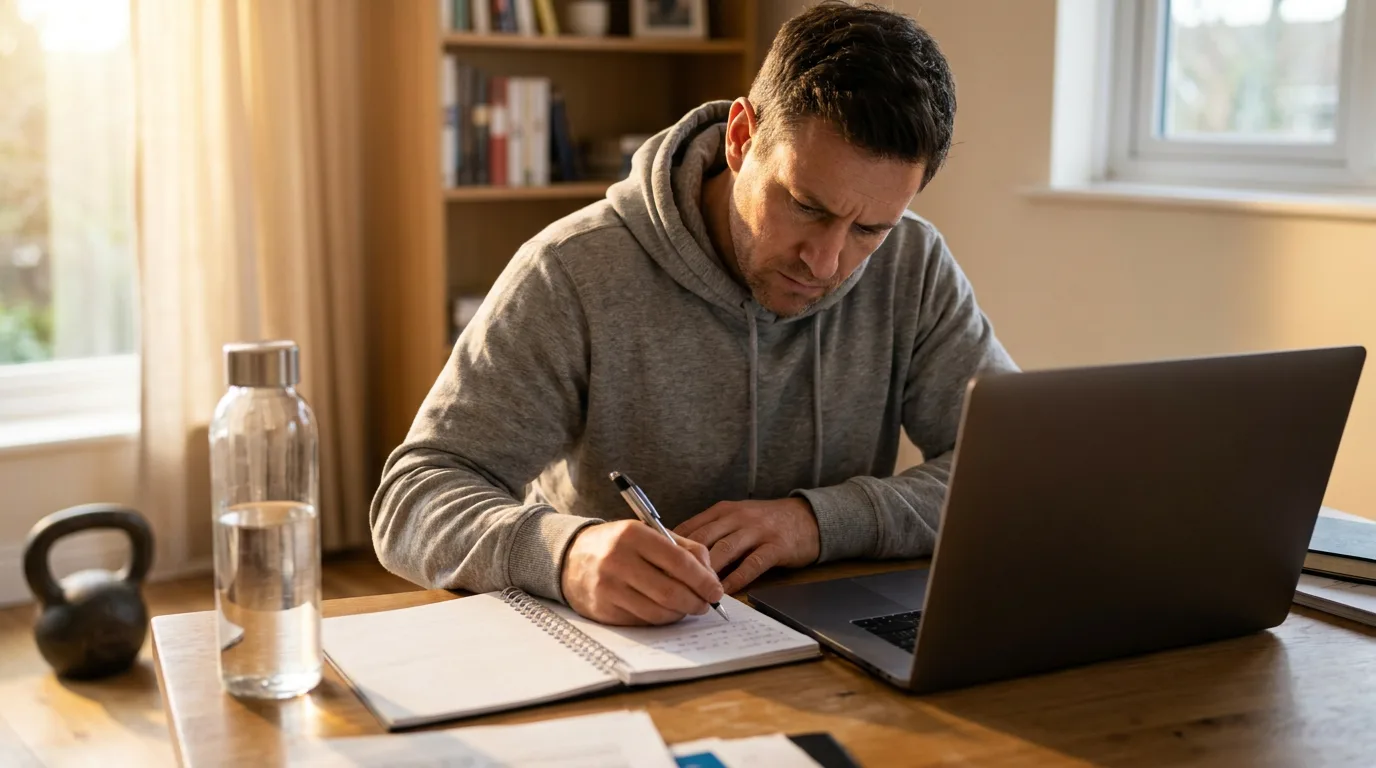 A fitness coach writing notes by hand next to a laptop, working out how to phrase a question
