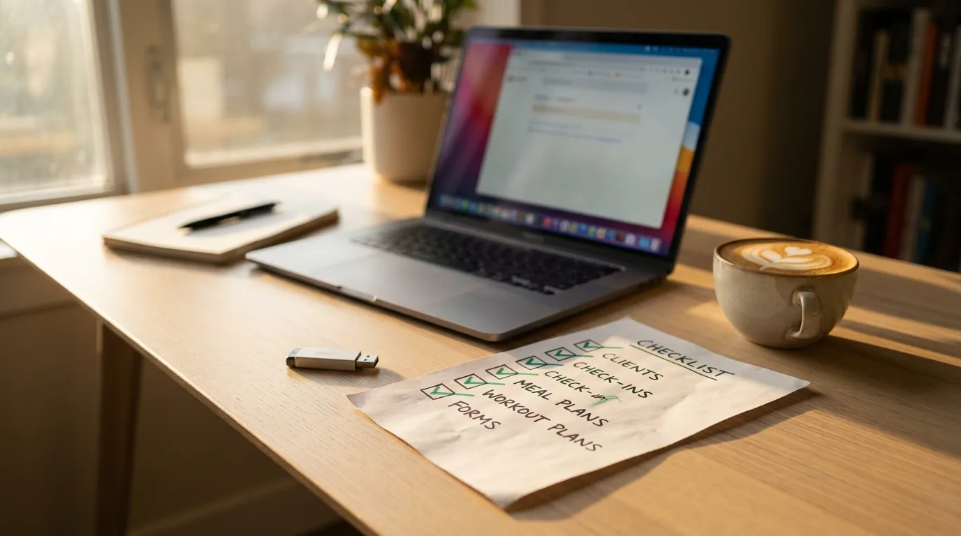 A coach's desk with a data export checklist for clients, check-ins, meal plans, workout plans, and forms