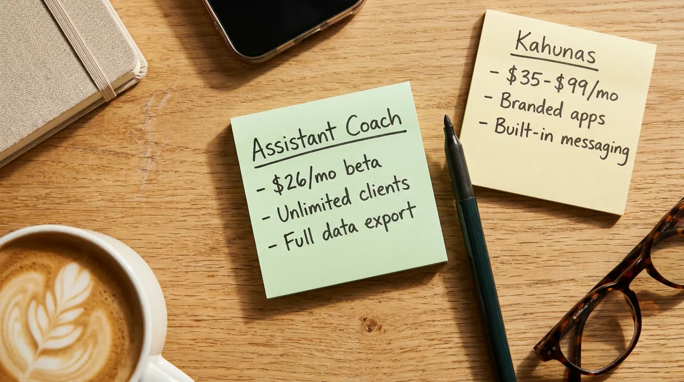 Two handwritten sticky notes labeled Assistant Coach and Kahunas side by side on a coach's desk, comparing pricing and features