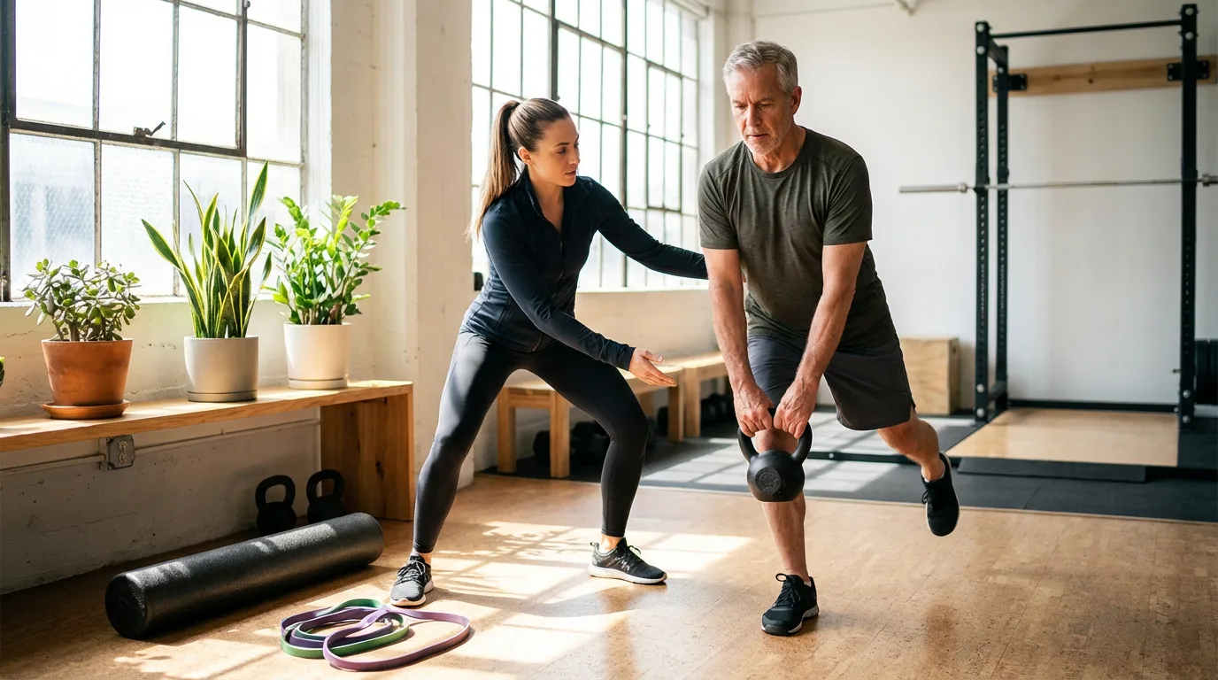 Personal trainer coaching a middle-aged client through a single-leg balance exercise with a kettlebell in a bright gym