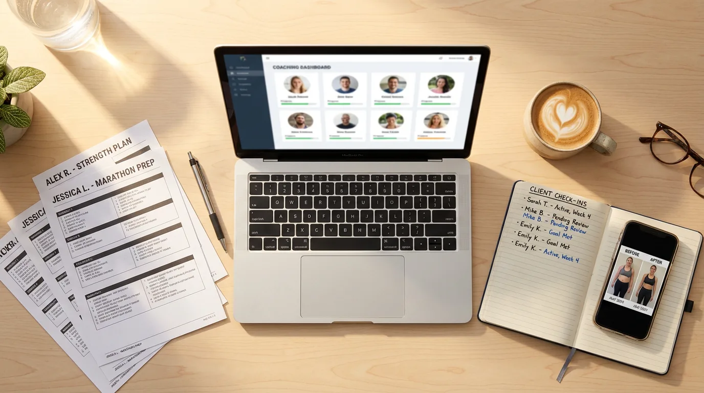 A fitness coach's organized desk with multiple client profiles on a coaching dashboard, printed workout plans, and progress tracking notebooks