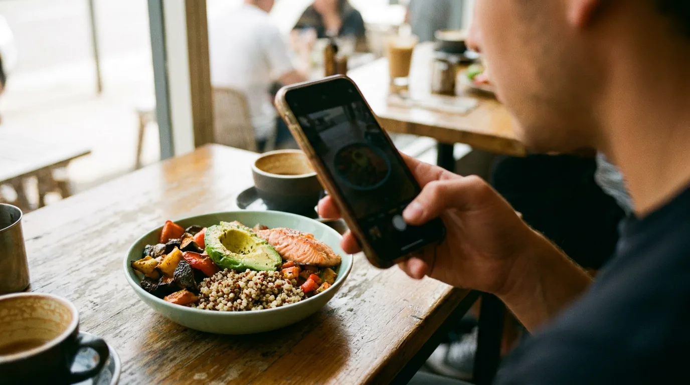 A person at a cafe table photographing a colourful lunch bowl with their phone before eating
