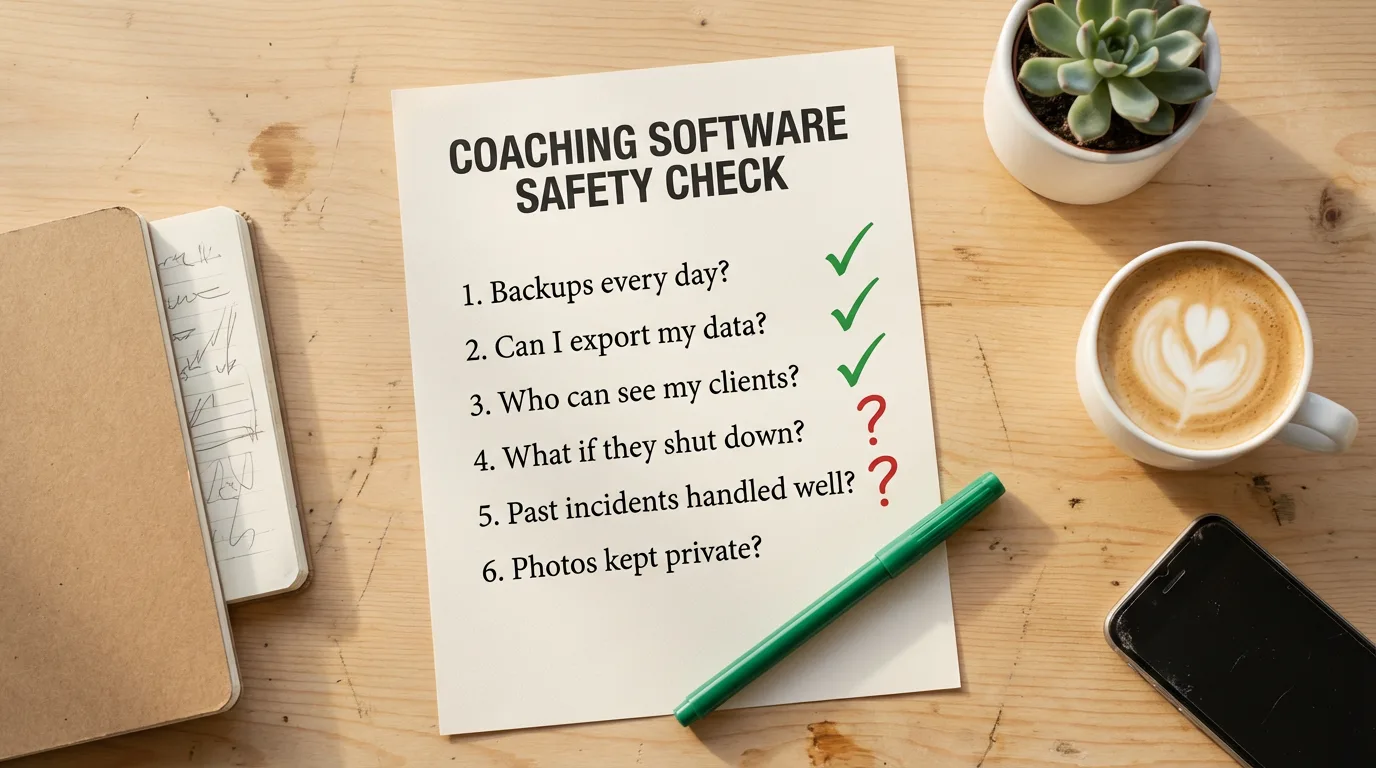 A printed coaching software safety checklist on a fitness coach's desk with handwritten green check marks and red question marks next to several questions