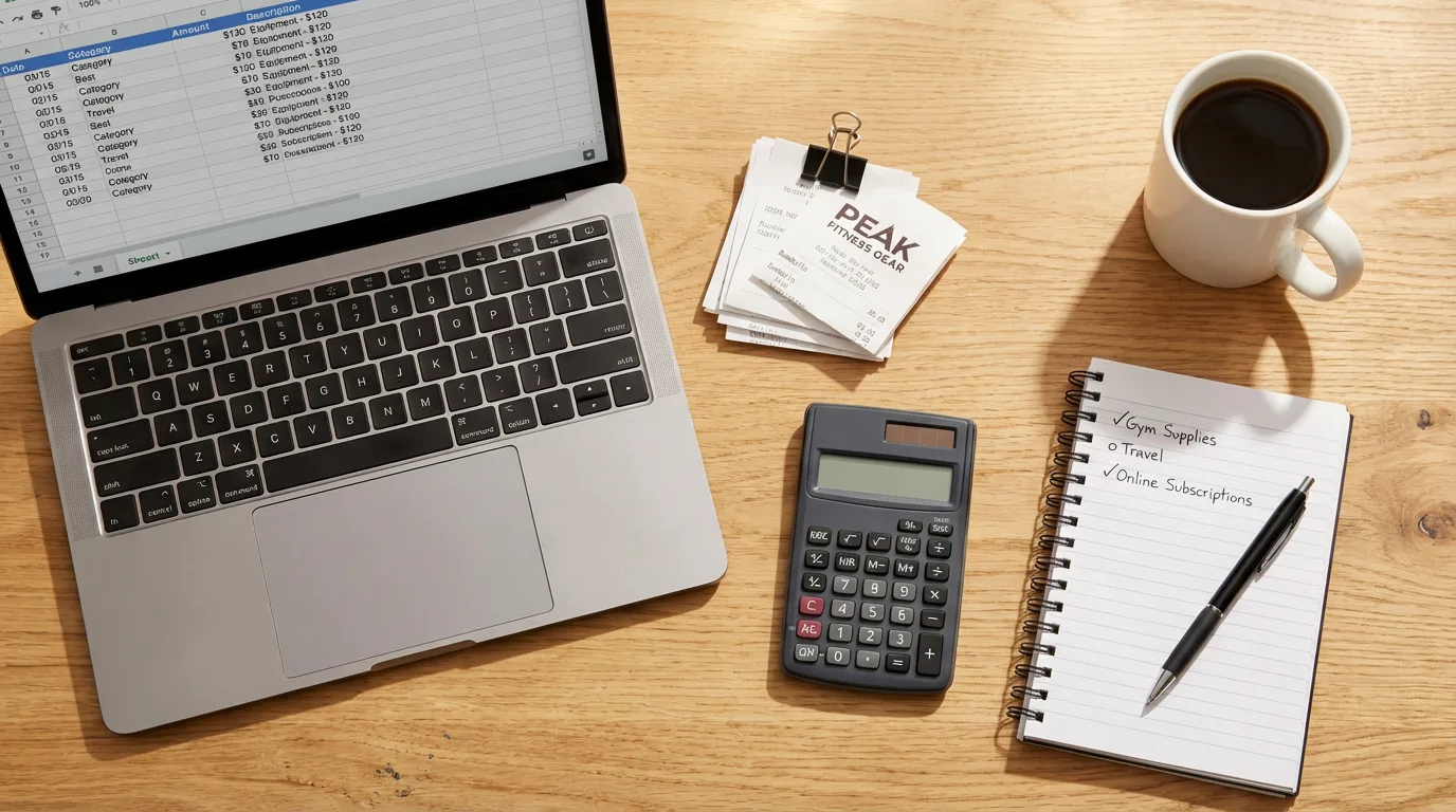 Fitness coach's desk with tax paperwork, receipts, calculator and coffee during self-assessment season