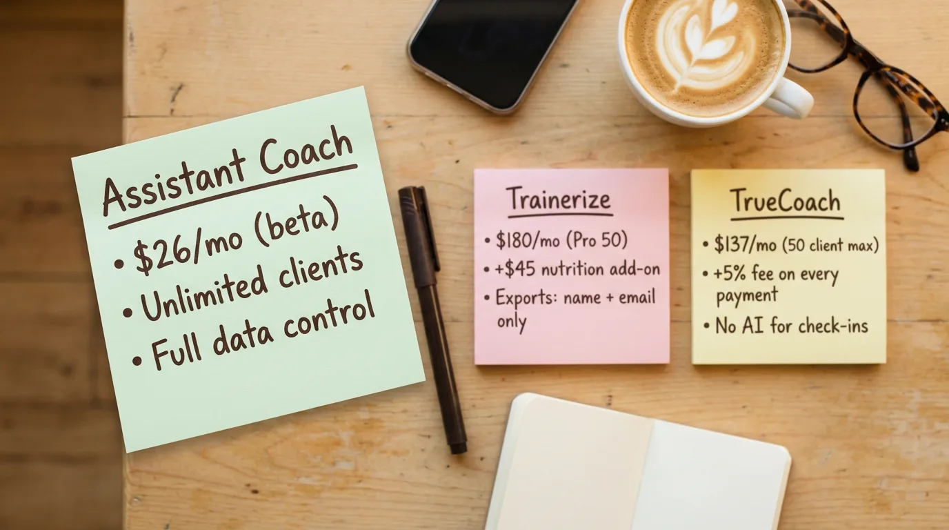 Three handwritten platform comparison sheets labeled TrueCoach, Trainerize, and Assistant Coach fanned out on a coach's desk