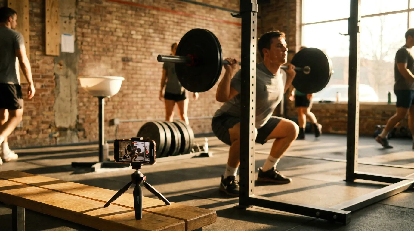 A smartphone on a tripod filming a lifter performing a barbell squat in a gym, set up to record a working set for form review