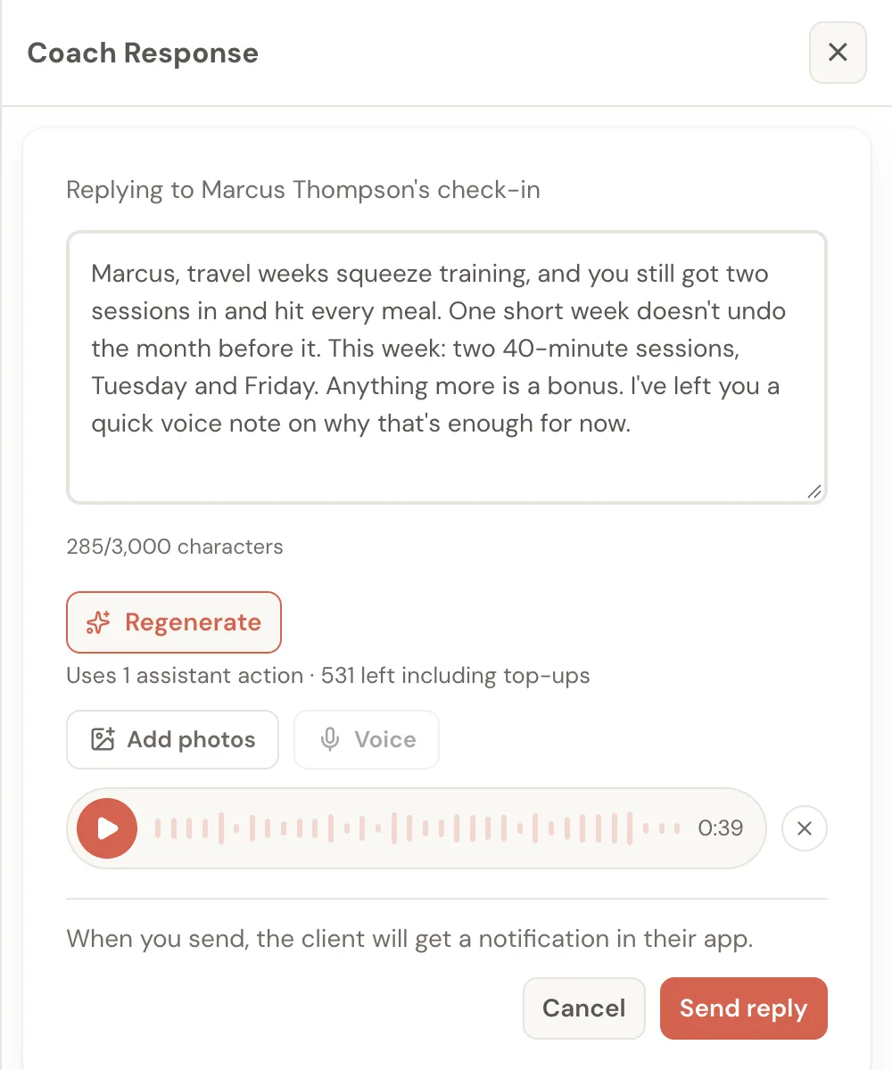 A check-in reply after a travel week, with the next step written out and a voice note attached
