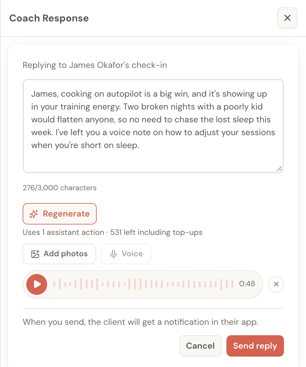 A coach's written check-in reply with a 48-second voice note attached, ready to send