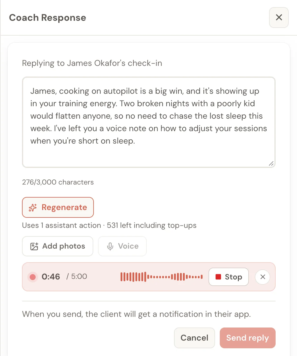 Recording a voice note on a check-in reply, with the timer at 0:46 of 5:00, a sound level meter, and a Stop button