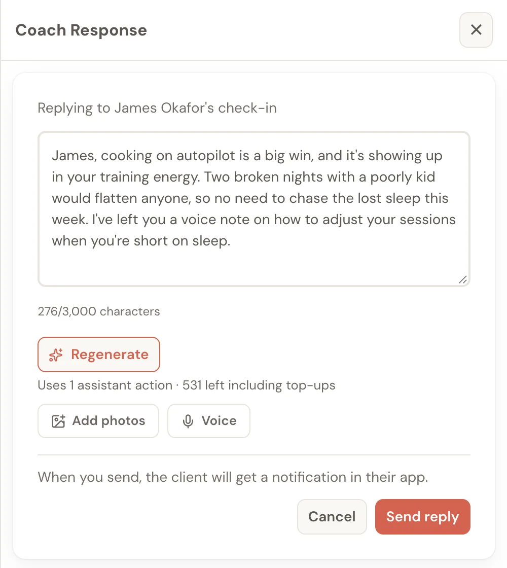 The Coach Response panel in Assistant Coach with a written reply to a client's check-in and buttons to add photos or a voice note